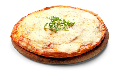 Pizza full of cheese on wooden board isolated on white background
