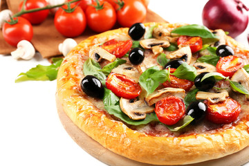 Delicious tasty pizza with vegetables on light background