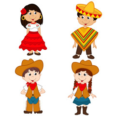 set of isolated children of Mexican and cowboy nationalities - vector illustration, eps