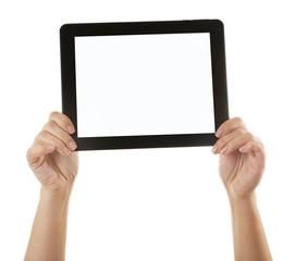Black tablet in hands isolated on white background
