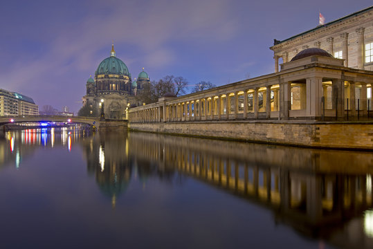 Berlin Cathedral (Berliner Dom) and Museum Island (Museumsinsel) reflected in Spree River at evening, Berlin, Germany, Europe
