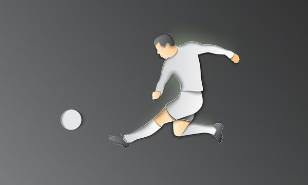 Monochrome soccer player kicks the ball. Vector paper cut illustration with realistic shadows on a dark gray background.