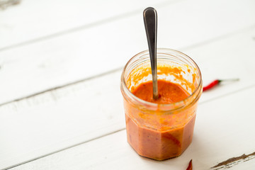 Piri Piri Sauce. Piri piri sauce is a type of hot chilli pepper sauce used as seasoning or marinade traditionally in portuguese cuisine. Seen here in a glass jar with a spoon, on a white background.