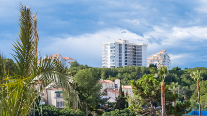 Fototapeta premium Tall hotels with palm trees in foreground