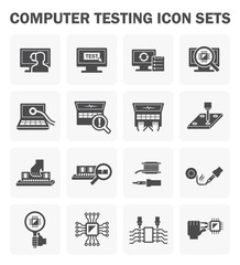 Computer testing vector icon. Include pc, laptop, technician, equipment tool, hardware and component. To maintenance service consist of upgrade, virus and error scan, check, fix or damage repair.