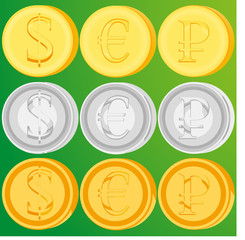 Set of golden, silver and bronze coins