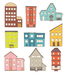 set of cartoon houses. vector drawing of retro buildings 