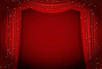 red curtains on red background with glittering stars.