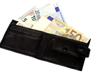 Euro banknotes in nominal value 5, 10, 20 and 50 in black purse.