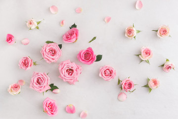 Assorted roses  heads. Various soft roses  and leaves scattered on a vintage background, overhead view