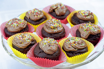 Chocolate cupcakes with colorful sprinkles