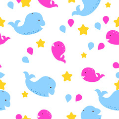 Whale kid seamless vector pattern for textile print. Blue and pink happy cartoon whales on white star background. Fabric baby pattern.