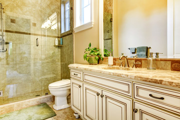 State of the art bathroom with bright interior.