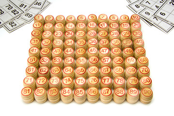 Wooden kegs and cards  for lotto or bingo game 