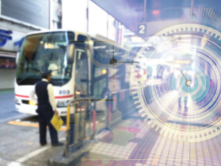 Blur mixed media of bus terminal and digital graphic used for ba