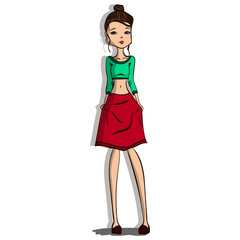 Cute Colorful Hand Drawn Fashion Illustration with a Beautiful Woman Wearing Stylish Clothes