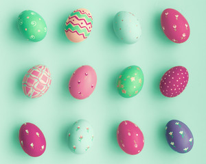 Vintage pastel easter eggs over mint background