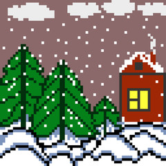 Fototapeta premium pixels house and the forest winter landscape vector illustration