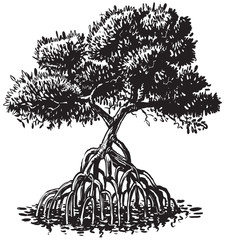 Mangrove Tree Ink Style Vector Cartoon Illustration
