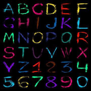 colored graffiti alphabet and numbers on a black background vector illustration