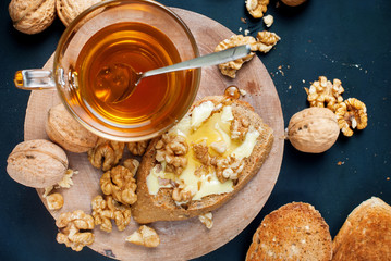 Useful Toast Honey Walnuts Table Top View Black Background