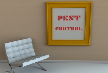 PEST CONTROL, message on picture frame, chair in an empty room
