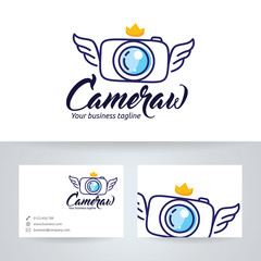Camera wings vector logo with business card template