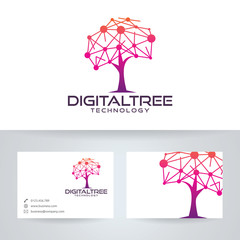 Digital tree vector logo with business card template