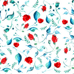 The pattern of red poppy flowers. watercolor 