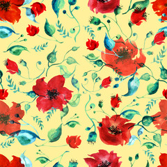 The pattern of red poppy flowers. watercolor 