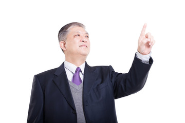 pose and gesture of old Asian businessman in black suit