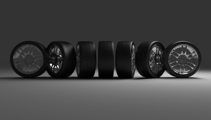 Car Wheels. Concept design. 3D render Illustration on Dark Background.