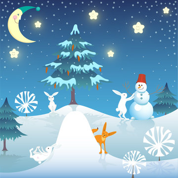 Изображение белых зайцев в ночном лесу, катающихся с горки зимой и снеговика с красным ведром на голове. 