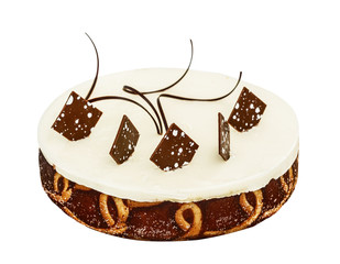The chocolate cream pie, cake decorated with glaze, isolated on the white