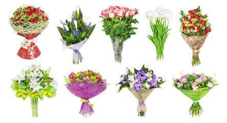 The set of bouquets of flowers, tulips, orchids,  lilies, roses, callas, hand bells. isolated on the white