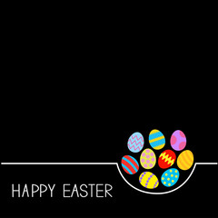Colored Happy Easter egg set White line Black background Flat design