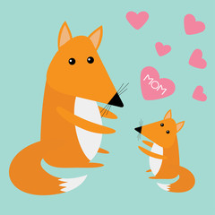 Fox mother and baby. Cute cartoon character set. Pink hearts Mom text Blue background. Forest animal collection. Greeting card Flat design