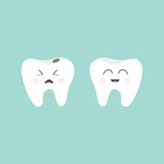 Tooth icon. Healthy smiling tooth. Crying bad ill tooth with caries. Cute character set. Oral dental hygiene.  Children teeth care. Tooth health. Baby background. Flat design.