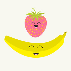 Obraz premium Banana and strawberry. Happy fruit set. Smiling face. Cartoon smiling character with eyes. Friends forever. Isolated. Flat design.
