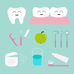 Tooth icon set. Toothpaste, toothbrush, dental tools instruments,  thread, floss, mirror, brush cleaner, water. Children teeth care. Oral dental hygiene. Tooth health. Baby background. Flat design.
