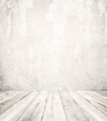 Empty a white interior of vintage room - gray grunge concrete wall and old wood floor. Realistic 3d as perfect background for your concept or project.