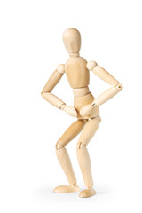 Man doing squats while morning exercises isolated over white background. Abstract image with a wooden puppet