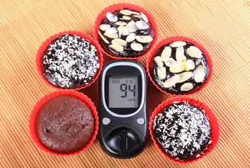 Glucometer and chocolate muffins in red cups