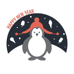 New Year card with penguin and ice cream. Vector illustration.