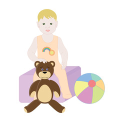 Baby boy sitting on the toy box. The boy in Romper with Teddy bear and ball.