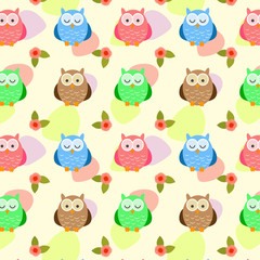 Naklejka premium Bright background with owls, leafs, flowers. Seamless pattern.