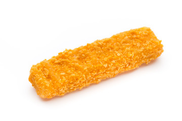 Frozen bread crumbed fish fingers on white.