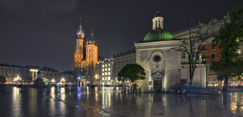 Fototapeta na wymiar Panorama of Main Market Square at night, Poland, Krakow