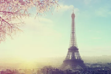 Fotobehang Luchtfoto van Parijs stadsgezicht met Eiffeltoren bij zonsondergang Vintage gekleurde foto. Zakelijk, liefde en reisconcept © sergeialyoshin