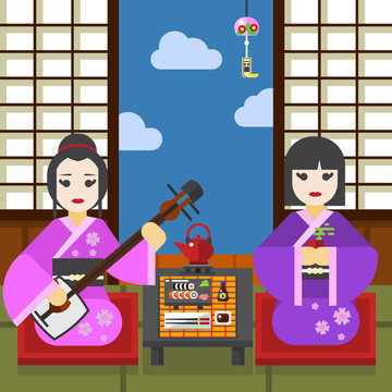 Two Geisha with tea cup and shamisen tea ceremony